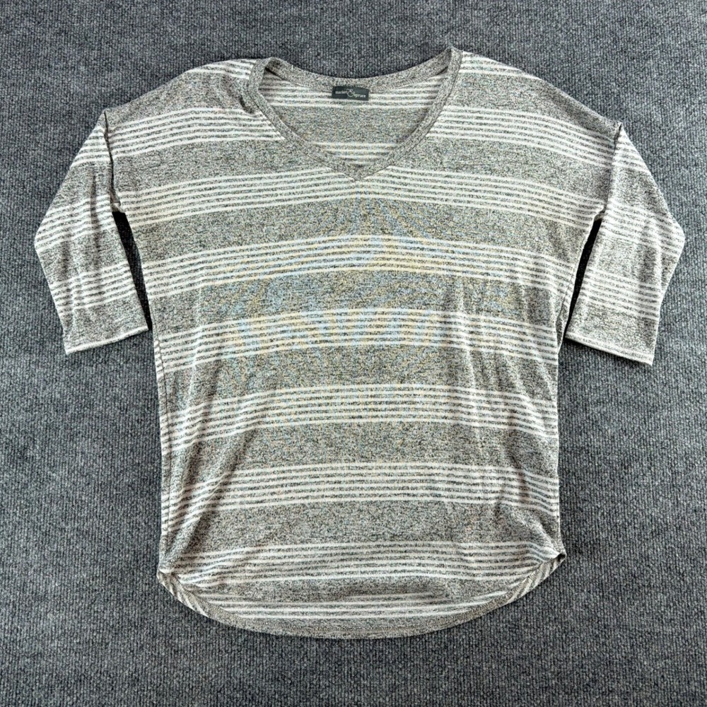 Market & Spruce Womens Gray Striped V-Neck 3/4 Sleeve Knit Top Sz M Euro‎ Summer